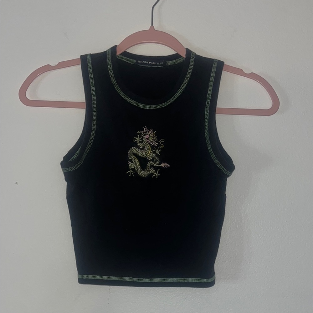 Brandy Melville Black Dragon CropTop with Green Stitching